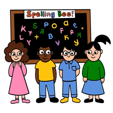 A group of excited children standing in a brightly lit classroom, eagerly awaiting their turn in a spelling bee contest. There are four children: a light-skinned girl with big eyes and curly hair wearing a pink dress, a dark-skinned boy with big eyes wearing a yellow t-shirt and glasses, a light-skinned boy with big eyes and straight hair wearing a blue polo shirt, and a girl with dark hair in a ponytail wearing a green sweater. Each child has a look of concentration and anticipation on their faces. The background features a blackboard with colorful alphabet letters and a banner that says "Spelling Bee!" at the top.