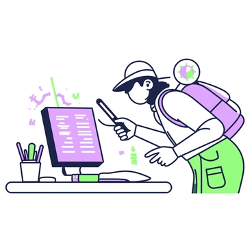 An explorer with a wide-brimmed hat and a backpack is bending over a computer desk, examining the monitor closely with a magnifying glass in his right hand. The computer screen displays various icons and menus, hinting at hidden printer settings. Scattered around the desk are various items such as a compass, an open notebook filled with handwritten notes, and a cup filled with green and purple pens. The explorer wears a light-colored shirt and cargo pants, with a focused expression on his face as he searches for the elusive settings.