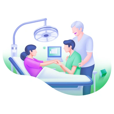A modern pastel illustration depicting a supportive family member gently holding the hand of a patient in a hospital setting. The patient, a young adult, is sitting on an examination table, wearing a hospital gown. The family member, a middle-aged person with a warm smile, stands beside the patient, offering comfort and reassurance. In the background, medical equipment is visible, including a surgical lamp and monitors. Soft pastel colors create a calm atmosphere, with light blues, pinks, and greens dominating the scene.