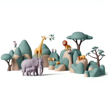 A vibrant scene depicting a variety of zoo animals in their respective enclosures. In the foreground, there is a majestic elephant with large ears standing next to a playful baby elephant. Nearby, a group of colorful parrots perched on branches, while a tall giraffe stretches its neck to reach the leaves above. In another enclosure, a family of lions lounges on a rock, with the male lion resting under a tree. Each enclosure is designed uniquely, showcasing natural elements like rocks, trees, and water features, creating a lively atmosphere as if the animals are coming to life with each page turn.