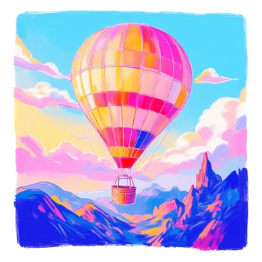A large hot air balloon, decorated with bright red and yellow patterns, is floating gracefully in the sky. The balloon is tethered by a thick, sturdy rope, which disappears into the basket below. The sky features a gentle gradient, transitioning smoothly from a warm yellow at the horizon to a soft blue at the top. Fluffy white clouds drift in the distance, adding depth to the scene. The sunlight casts a warm glow, illuminating the balloon and creating a sense of tranquility in the atmosphere.