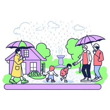 A cozy village scene is depicted with cobblestone streets and charming houses lining the path. Several people are walking along the street, each holding "colorful umbrellas" to protect themselves from the rain. One person is wearing a yellow raincoat, while another has on a red jacket. In the background, a small fountain is visible, surrounded by green plants and flower beds. The sky overhead is filled with "rain clouds" while raindrops can be seen falling gently to the ground. A few children are splashing in puddles, adding a lively aspect to the scene.