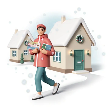 A postman, wearing a bright red jacket adorned with white snowflake patterns and a matching hat, is walking along a snow-covered path. He is holding an armful of colorful holiday cards, which have various designs featuring reindeer, Christmas trees, and snowmen. The houses lining the street are decorated with twinkling lights and wreaths on their doors. Glistening snowflakes gently fall around him as he approaches a charming house with a green door. The scene captures the festive spirit of the holiday season.