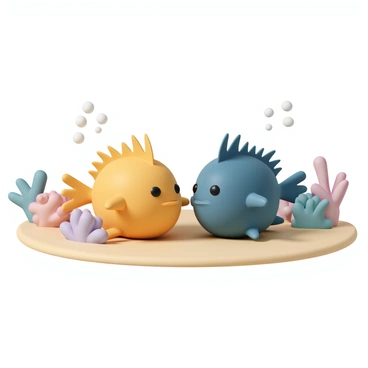 A pair of pufferfish, one bright yellow and the other deep blue, are positioned close together on the sandy sea floor. Each fish is slightly inflated, showcasing their unique textures and patterns, with their spines prominently displayed. They are swimming in perfect synchronization, with their fins moving rhythmically. Small bubbles rise around them, and colorful coral reefs are visible in the background, providing a vibrant underwater landscape. The lighting filters down from the surface, illuminating the fish and creating a serene atmosphere.