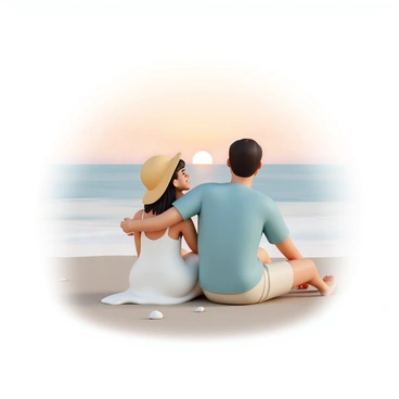A couple sitting closely on a sandy beach, surrounded by soft waves lapping at the shore. The man, wearing a light blue shirt and beige shorts, gently rests his arm around the woman, who is wearing a white sundress and a sun hat. They both gaze towards the horizon, where the sun is setting, casting warm orange and pink hues across the sky. The woman is smiling softly, while the man looks contemplative, as if sharing a heartfelt wish. The scene captures the peacefulness of the moment, with a few scattered seashells in the sand beside them.