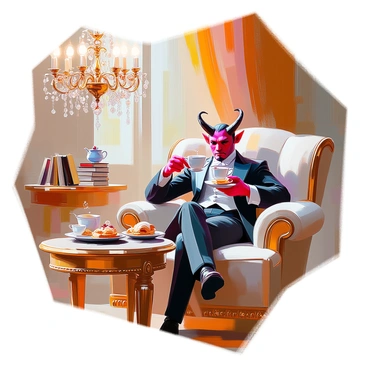 A Victorian devil with dark red skin and sharp horns lounges comfortably in a lavish parlor. He is dressed in an elegant Victorian suit complete with a waistcoat and cravat. In one hand, he holds a delicate porcelain cup filled with tea, and in the other, a small plate with assorted pastries. The parlor is richly decorated, featuring ornate wallpaper, a plush armchair, and an intricately carved wooden coffee table. A grand chandelier hangs from the ceiling, casting a warm light over the scene. Various books and decorative items adorn the shelves and surfaces around him.