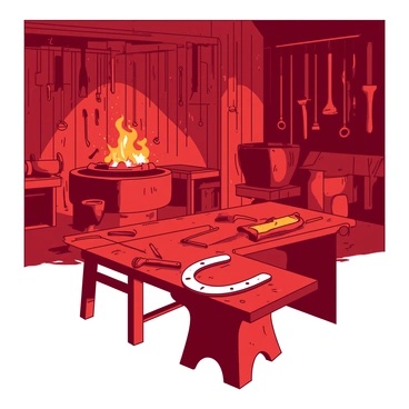A red blacksmith's workshop is filled with various tools hanging from the wooden walls. In the background, there is a traditional forge with glowing orange embers radiating heat. A sturdy wooden workbench stands in the center, covered with hammers, tongs, and metal pieces in various stages of completion. A large anvil sits prominently on the side, displaying a recently forged horseshoe resting on top. The atmosphere is alive with the essence of craftsmanship and history, evoking a sense of hard work and dedication.