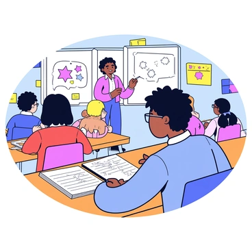 A student is seated at a wooden desk in a classroom. The student has short black hair and wears glasses. They are focused on doodling in the margins of a notebook filled with lined pages. The doodles include small stars and abstract shapes. In the background, a teacher stands near a whiteboard, pointing at a diagram while explaining a lesson. The classroom is bright with colorful posters on the walls and sunlight streaming through a window. Other students can be seen at their desks, some listening attentively while others appear distracted.