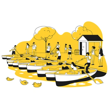 A dockside scene featuring several rowing boats lined up along the edge of the water. Families are gathered on the dock, with some adults assisting children as they board the boats. One family is adjusting life vests on the children, while another is securing coolers and bags in the boat. The water reflects the surrounding environment, with ducks swimming nearby. In the background, a small boathouse is visible, and trees frame the scene. The sky appears clear, creating a pleasant atmosphere for a day of rowing.