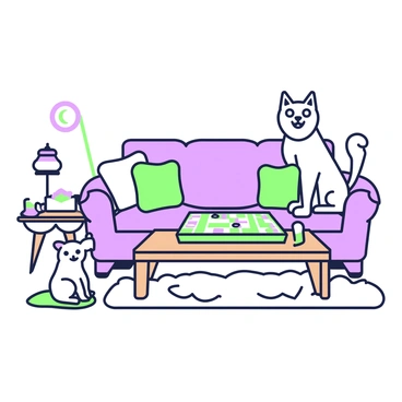 A cozy living room scene features a backgammon game set up on a wooden coffee table. The board displays contrasting colors with pieces neatly arranged. A small dog with a wagging tail is sitting on a plush rug nearby, its eyes focused on the game, displaying curiosity. Next to the dog, a fluffy cat is perched on the armrest of a sofa, leaning forward with an intrigued expression, its ears perked up. The room is decorated with soft cushions scattered around the furniture, and a warm glow emanates from a lamp in the corner, creating an inviting atmosphere.