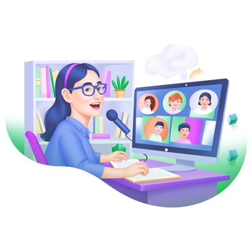 A modern pastel illustration depicting a scholar sitting at a desk, leading an online class. The scholar has glasses, is wearing a blue shirt, and is smiling while speaking into a microphone. In front of the scholar is a computer screen displaying the faces of several students, each showing diverse expressions of engagement. The background includes a bookshelf filled with colorful books and a potted plant, adding to the study setting.