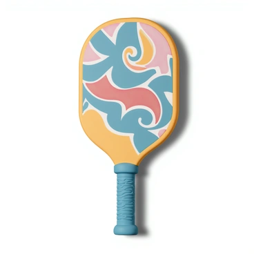 A custom-designed pickleball paddle with a sleek shape and a glossy finish. The paddle features intricate patterns that showcase a mix of vibrant colors, including bright blues, rich reds, and sunny yellows, creating an eye-catching design. The handle is wrapped in a textured grip for comfort, and the edges of the paddle are slightly rounded for aerodynamic performance. The intricate patterns swirl gracefully across the surface, creating a dynamic visual effect that enhances the overall appeal of the paddle.