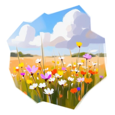 A vast field filled with an array of wildflowers in vibrant colors, including yellows, purples, and reds, stretches across the landscape. Tall green grasses intersperse among the flowers, swaying gently in the breeze. Above, a bright blue sky is dotted with fluffy white clouds, casting soft shadows over the field. The sunlight bathes the flowers in warm light, highlighting their delicate petals and creating a vivid and lively scene.