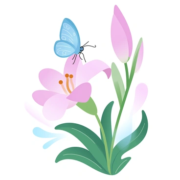 A delicate butterfly with intricate patterns on its wings is perched on the petal of a pink gladiolus flower. The butterfly's wings are spread slightly, displaying vibrant colors that contrast with the soft pink of the petal below. The gladiolus flower has a tall, slender stem and several overlapping petals that create a gentle curve. Surrounding the flower are lush green leaves that enhance the vivid pink hue, adding depth to the scene. The background features a smooth gradient of pastel colors, creating a serene atmosphere.