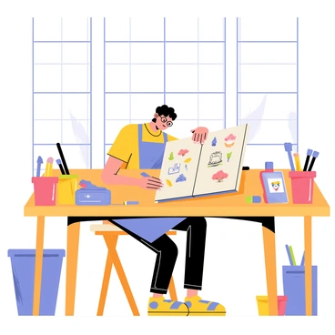 A student sitting at a large wooden desk in a modern studio filled with art supplies and tools. The desk has a sketchbook opened to a colorful page filled with various illustrations. The student, wearing a blue apron and glasses, is holding a marker, focused on adding details to their drawing. Surrounding the student, there are pots with brushes, jars of ink, and digital devices displaying reference images. Large windows let in bright natural light, illuminating the creative workspace.