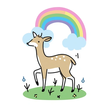 A roe deer standing gracefully on a lush green meadow. The deer has a light brown coat with white spots and alert ears. Above it, a bright rainbow arcs across the sky, showcasing vibrant colors of red, orange, yellow, green, blue, indigo, and violet. The meadow is dotted with small, colorful wildflowers, and droplets of rain glisten on the grass, reflecting the light of the rainbow. The scene captures the tranquility of nature, with a clear blue sky in the background.