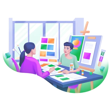 A modern pastel illustration depicting an artist and a client engaged in a discussion about commission options and prices. The artist is seated at a table covered with various sketches and color samples, displaying a range of artworks. The client, looking thoughtful, is examining a colorful painting on the wall. Surrounding them are art supplies such as paintbrushes, tubes of paint, and an easel holding an unfinished canvas. Sunlight streams through a large window, highlighting the vibrant colors of the art in the studio.