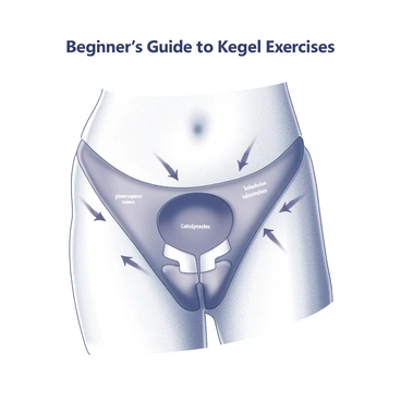A detailed anatomical diagram depicting the pelvic floor muscles. The diagram clearly labels key muscles, including the pubococcygeus and iliococcygeus, along with the pelvic diaphragm. Arrows indicate the contraction and relaxation movements associated with Kegel exercises. The diagram is presented in a clean, easy-to-understand layout, suitable for beginners. Each muscle is drawn with precise lines, ensuring clarity in their placement and function within the pelvic region. "Beginner's Guide to Kegel Exercises" is prominently displayed at the top of the diagram.