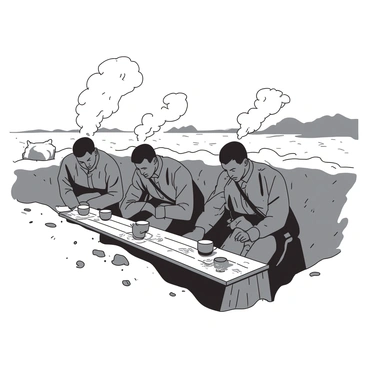 A group of soldiers in a trench is waking up on a foggy morning. The soldiers are sitting on wooden benches with their heads slightly bowed, some rubbing their eyes as they adjust to the early light. Each soldier has a cup in front of them, and steam is rising from the cups, swirling in the cool air. The trench walls are lined with sandbags, and patches of wet earth are visible around them. The fog creates a muted atmosphere, shrouding distant objects and softening the light in the trench.