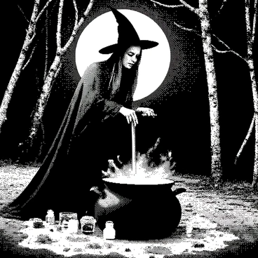 A witch with long, flowing hair is standing beside a large, bubbling cauldron. She is wearing a long robe and has a pointed hat perched on her head. Her face is focused as she stirs the contents of the cauldron with a wooden spoon. Around her, various mystical ingredients are scattered, including dried herbs, small jars filled with strange powders, and glowing crystals. The setting is a dark forest clearing with towering trees surrounding the scene, their branches looming overhead. Moonlight filters through the leaves, casting intricate shadows on the ground.