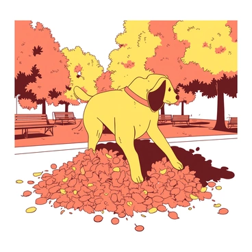 A yellow dog with a shiny coat is playfully jumping into a large pile of orange autumn leaves in a park. The leaves are swirling around the dog, creating a dynamic scene filled with movement. In the background, there are trees with vibrant yellow and orange foliage, casting dappled sunlight on the ground. The park is dotted with benches and a walking path, adding to the inviting atmosphere. The dog's ears are flopped back in excitement, and its tail is wagging energetically as it dives into the leaves.