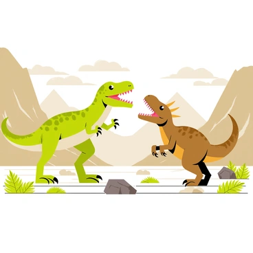 A fierce battle taking place in an ancient valley. In the foreground, a large "T-Rex" with green scales, sharp teeth, and powerful legs is roaring loudly. The T-Rex stands aggressively, showcasing its muscular frame. In opposition, a "Triceratops" with a sturdy build, three prominent horns on its head, and a frilled neck is charging forward, displaying its defense stance. The valley is surrounded by tall, rugged cliffs, and patches of ferns and large rocks are scattered throughout the scene. The sky is filled with dramatic clouds, adding tension to the atmosphere as the two dinosaurs clash in a dynamic confrontation.