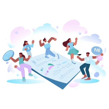 A group of characters dressed as various numbers and symbols is dancing energetically around a large audit report laid out on the ground. Each character is vividly colored, showcasing a different number or symbol, such as a dollar sign, percentage sign, and mathematical symbols. The audit report features charts and data, with various financial figures prominently displayed. The background includes soft gradient pastel colors that add to the festive atmosphere of the scene. The dancing characters move joyfully, creating a lively and vibrant energy around the audit report.