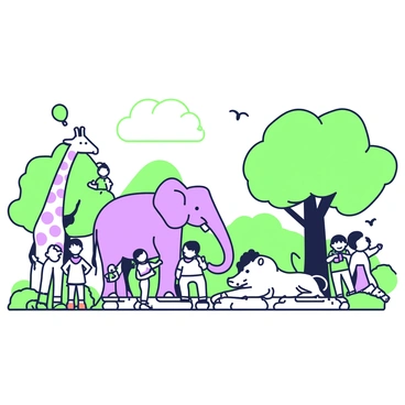 A zoo with smiling animals and excited visitors, presented in a charming and colorful style