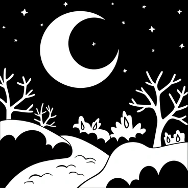 A crescent moon crafted from decorative paper hangs in the night sky, surrounded by small scattered stars. Below the moon, a tranquil landscape features silhouetted trees with intricate branch patterns. In the foreground, a gently flowing river reflects the moonlight, with rippling water capturing the shapes of the surrounding foliage. The scene conveys a peaceful ambiance, inviting calmness and contemplation.