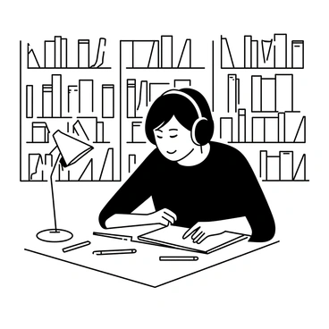 A student sitting at a wooden table in a library, focused on sketching in a notebook. The student has short hair and is wearing headphones. Around the student, shelves filled with various art books are visible, some open and others stacked. A desk lamp casts light over the student's work, creating a contrast with the shadows in the library. An array of colored pencils and pens is spread out on the table alongside the sketchbook.