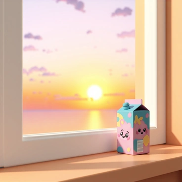 A juice box sitting on a windowsill, watching the sunset with a peaceful expression.