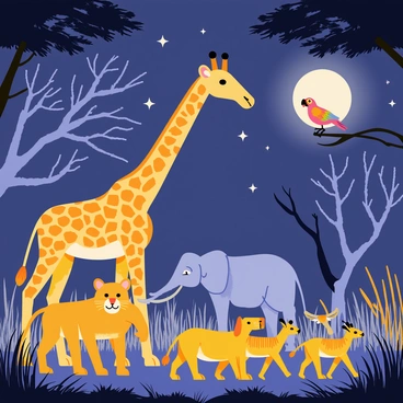 A nighttime safari scene featuring a variety of animals illuminated by soft moonlight. A majestic giraffe stands tall next to a cluster of acacia trees, its spots glowing subtly. Nearby, a lion rests on the grass, its golden fur catching the moonlight. A family of elephants walks gracefully through the tall grass, their silhouettes outlined against the moonlit sky. In the background, a pair of gazelles leaps elegantly, while a colorful parrot sits on a branch, its feathers shimmering in the light. The sky is filled with twinkling stars, creating a tranquil atmosphere.