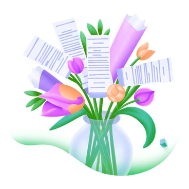 A colorful bouquet of flowers, each bloom crafted from numerous tiny, detailed receipts that mimic the shape of petals. The receipts display various printed lines of text, adding a layered texture. The stems of the flowers are green, with the foliage providing a contrast against the white and colorful receipts. The bouquet is arranged in a glass vase, showcasing its unique composition. The background is softly blurred to emphasize the bouquet's intricate details.