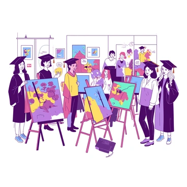 A group of proud students stands in a bright room, surrounded by their displayed illustrations. Each student is positioned next to their work, showcasing a variety of colorful drawings on easels and walls. The students have joyful expressions, wearing graduation caps and gowns in complementary colors. The room is filled with vibrant artwork, featuring different themes and styles, drawing attention from viewers. In the background, small clusters of friends and family observe the illustrations, celebrating the students' achievements with smiles and applause.