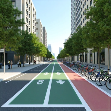 A detailed view of an urban landscape featuring well-defined bike lanes running along a city street. The bike lanes are marked with clear symbols and vibrant colors to indicate safe spaces for cyclists. On the side of the road, there are bike racks filled with various types of bicycles, showcasing a diversity of colors and designs. Surrounding the bike lanes, there are tall buildings with large windows, trees lining the sidewalk, and pedestrians walking. The scene is set during the day with a clear blue sky overhead.
