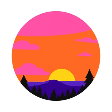 A vibrant sunset with a gradient of orange, pink, and purple hues filling the sky. Wispy clouds dominate the scene, shaped like interlocking cogs, creating intricate patterns against the backdrop of the sunset. The sun is partially hidden on the horizon, casting a warm glow that highlights the edges of the clouds. The landscape below features silhouetted trees, adding depth to the image.