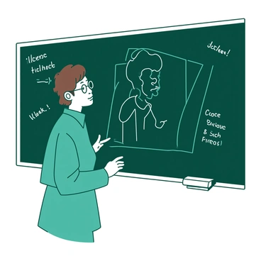 A teal teacher stands in front of a black chalkboard, drawing an outline of a famous painting with white chalk. The teacher is wearing glasses and has short brown hair, while their focus is on the intricate details of the outline. There are various chalk drawings and notes surrounding the main outline on the chalkboard, demonstrating different techniques. The teacher gestures with their left hand while holding a piece of chalk in their right hand, creating an engaging atmosphere in the classroom.