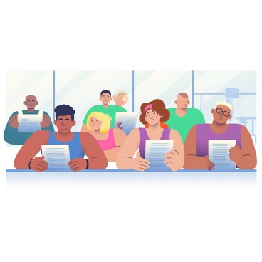 A diverse group of gym members is seated at a long table, filling out "satisfaction surveys" on clipboards. Each person has a different expression, ranging from thoughtful to satisfied. In the foreground, a man with short black hair, wearing a blue tank top, is focused on writing his responses. Next to him, a woman with curly brown hair, wearing a pink sports bra, is discussing the survey with another woman who has straight blonde hair and is dressed in a purple athletic outfit. Behind them, a man with a shaved head is looking over a completed survey, while a person in a green workout shirt checks their phone. The gym has large windows allowing natural light to illuminate the scene, and exercise equipment is visible in the background.