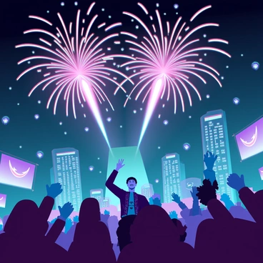 A vibrant scene depicting "firecrackers exploding" against a dark night sky filled with "brightly colored sparks and trails of light." Crowds of people can be seen below, celebrating in festive attire, with some wearing "traditional clothing" adorned with intricate patterns. The atmosphere is lively, as individuals cheer and raise their hands in excitement. Decorations such as "lanterns" and "banners" are visible, enhancing the festive mood. In the background, silhouettes of "tall buildings" can be seen, adding depth to the urban celebration setting.