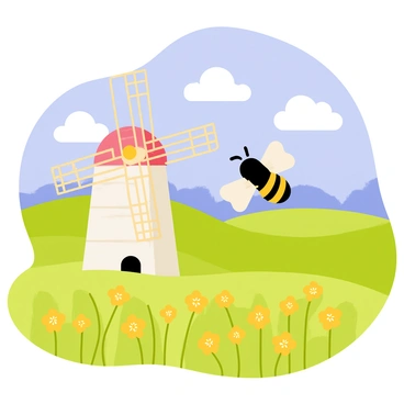 A honeybee with delicate wings is captured mid-flight, hovering close to a traditional countryside windmill. The windmill features large wooden blades and a whitewashed body, surrounded by vibrant green fields. In the background, rolling hills stretch towards a clear blue sky dotted with fluffy white clouds. Bright yellow flowers bloom in the foreground, creating a lively scene that complements the bee's busy activity.