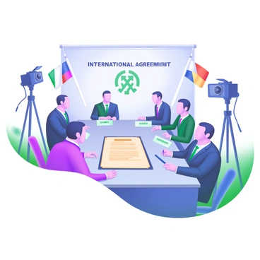 A large conference table is set up in a well-lit room, surrounded by leaders from different countries. Each leader is wearing a formal suit and is sitting in front of a nameplate representing their country. The table is adorned with national flags of the participating nations. In the center of the table, there is a large document titled "International Agreement" with a pen placed beside it. The background features a banner displaying the summit's name and a symbol representing unity. Cameras are positioned around the room, capturing the moment as the leaders prepare to sign the agreement.