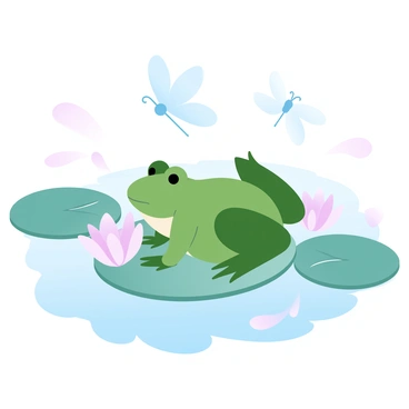 A green frog is perched on a round lily pad floating in a tranquil pond. The frog is surrounded by several other lily pads, some adorned with blooming pink and white flowers. The water in the pond has gentle ripples, reflecting soft shades of blue and green. A few dragonflies are hovering above the lily pads, adding to the peaceful atmosphere of the scene.