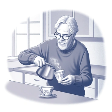 An elderly man with gray hair is standing at a kitchen counter. He is focused on pouring coffee from a moka pot into a dainty porcelain cup. The moka pot is metallic, reflecting light, while the cup is decorated with intricate floral patterns. The man is wearing a cozy, knitted sweater, and there is a sense of care in his actions. The kitchen has wooden cabinetry and a warm atmosphere, with a small window letting in natural light. The process of pouring is captured in detail, with steam rising from the cup.