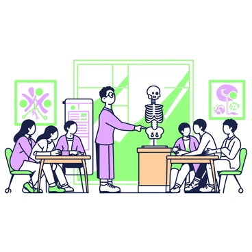 A medical school classroom filled with students attentively learning about human anatomy. In the front, a male instructor with glasses is pointing to a large anatomical model of a human skeleton displayed on a wooden podium. The students, a diverse group of young men and women, are seated at wooden desks, some taking notes while others are studying anatomy textbooks. On the walls, there are posters depicting various human body systems, such as the circulatory and muscular systems. A large window allows natural light to fill the room, highlighting the focused expressions on the students' faces.