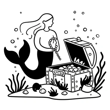 A mermaid with long flowing hair, gracefully positioned underwater, is placing a pearl necklace inside an ornate treasure chest. The treasure chest, adorned with intricate designs, is partially open and surrounded by a variety of sparkling jewels and coins. Bubbles float around as light filters through the water, illuminating the scene. Seaweed and coral can be seen in the background, providing a sense of depth to the underwater environment.