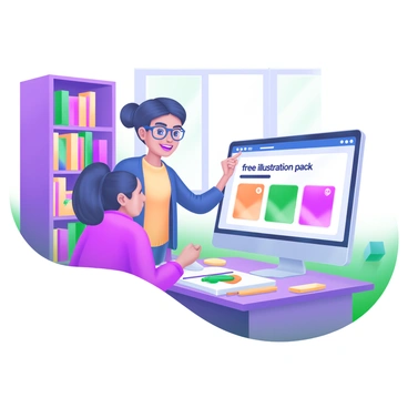A cozy library scene featuring a "friendly librarian" wearing glasses and a cardigan, assisting a "patron" who is looking at a computer. The librarian points to the screen, where a webpage displaying various "free illustration packs" is open. Surrounding them are tall bookshelves filled with colorful books, a table with art supplies, and a large window letting in soft, natural light. A few "illustration pack" thumbnails are visible on the computer screen, showcasing vibrant designs.