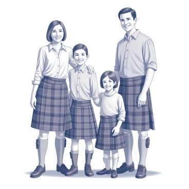A family stands together for a portrait, with each member wearing matching kilts. The kilts feature a traditional tartan pattern, with details of pleats visible. The family members are arranged in a semi-circle, smiling and looking at the camera. The adults are on either side, with the children positioned in the center. The setting is outdoors, with grass beneath their feet and trees softly blurred in the background. Each member holds a hand on the shoulder of the person next to them, creating a sense of unity and togetherness.