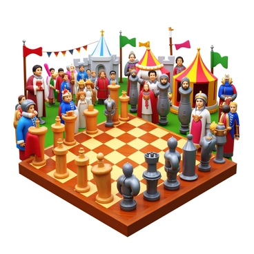 A chessboard set in a Renaissance fair, with the board made of intricate wood patterns. The chess pieces are dressed in detailed period costumes: the pawns are wearing simple tunics, the knights are adorned with shining armor and crests, the rooks resemble castles with flags, the bishops are in flowing robes with hoods, the queens are elegantly dressed in rich fabrics and adorned with jewels, and the kings are in lavish attire with crowns. A vibrant background features fairgoers in Renaissance costumes, colorful tents, and banners fluttering in the breeze.