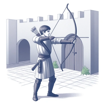 A medieval archer dressed in period attire, preparing to shoot an arrow in a castle courtyard
