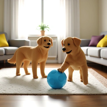 A cozy living room featuring a soft, plush rug and a comfortable couch with colorful cushions. In the center of the room, there is a new pet toy shaped like a bright blue ball with various textures and squeaky elements. Nearby, a playful golden retriever with a shiny coat and an excited expression is curiously interacting with the toy. Natural light is streaming through a window, illuminating the space and adding warmth to the scene.